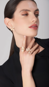woman wearing champagne diamonds jewelry from pasquale bruni