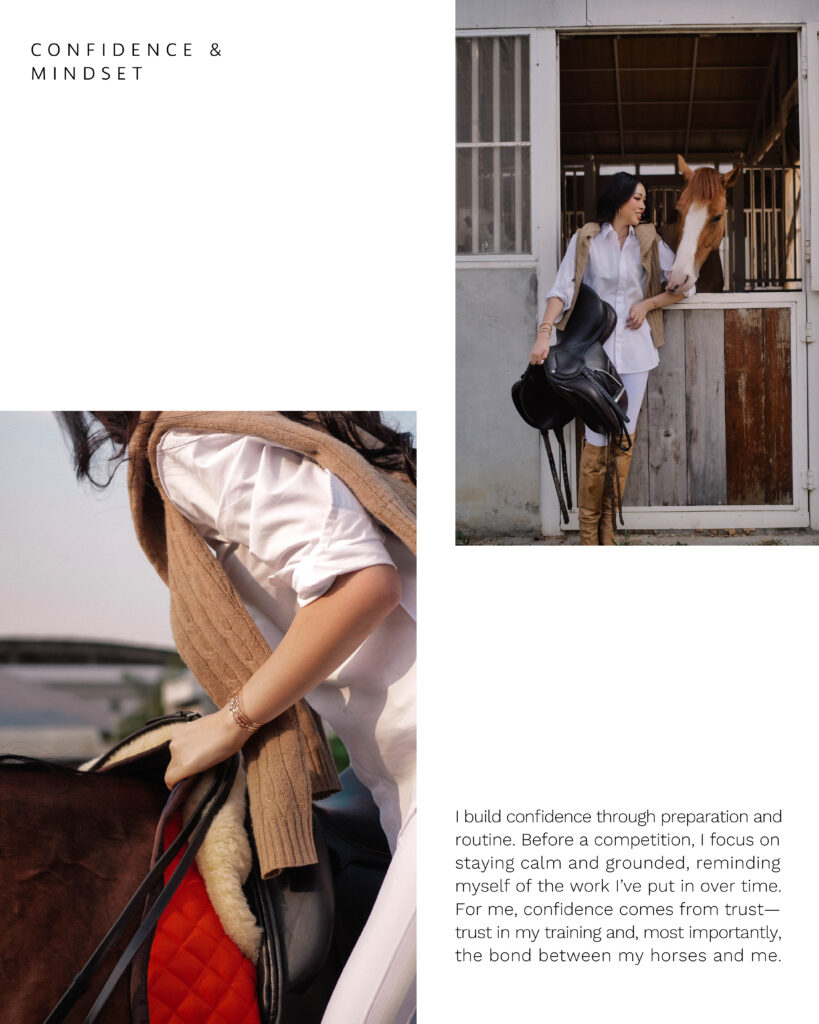 gaja wearing italian jewelry while visiting her horse at the stables